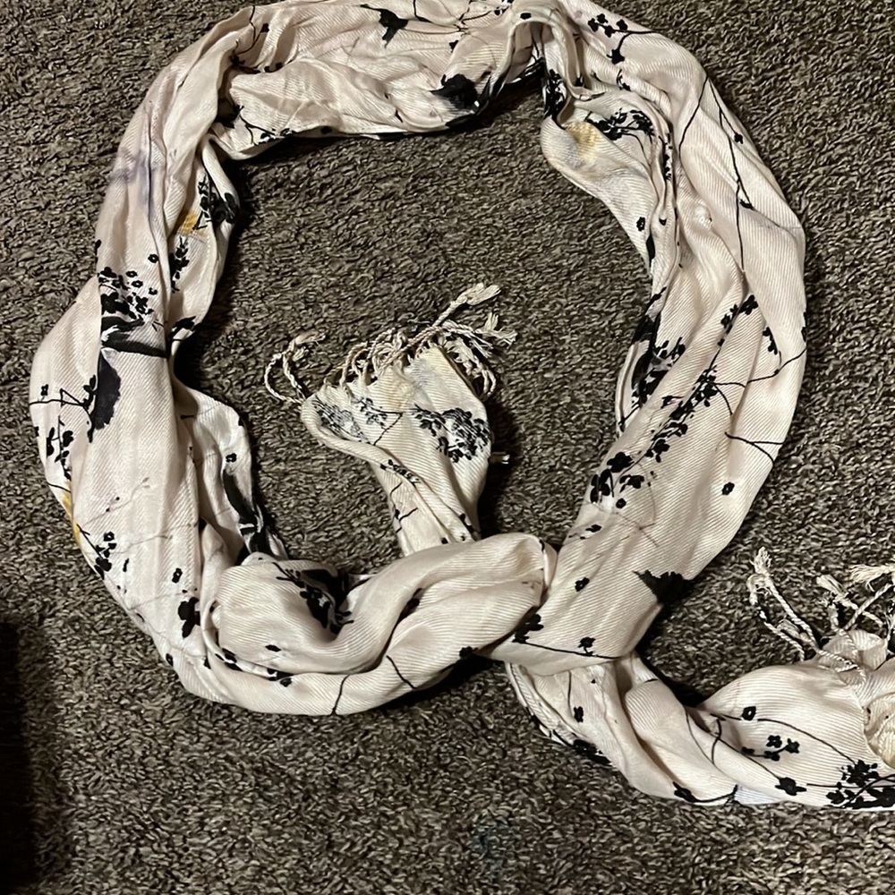 Cream scarf with yellow, black birds and branches! Japanese inspired.